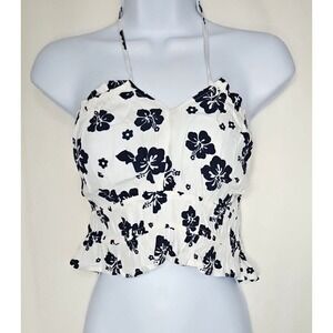 Garage Women's White Floral Halter Crop Top Ruffle Hem Size Large NWT